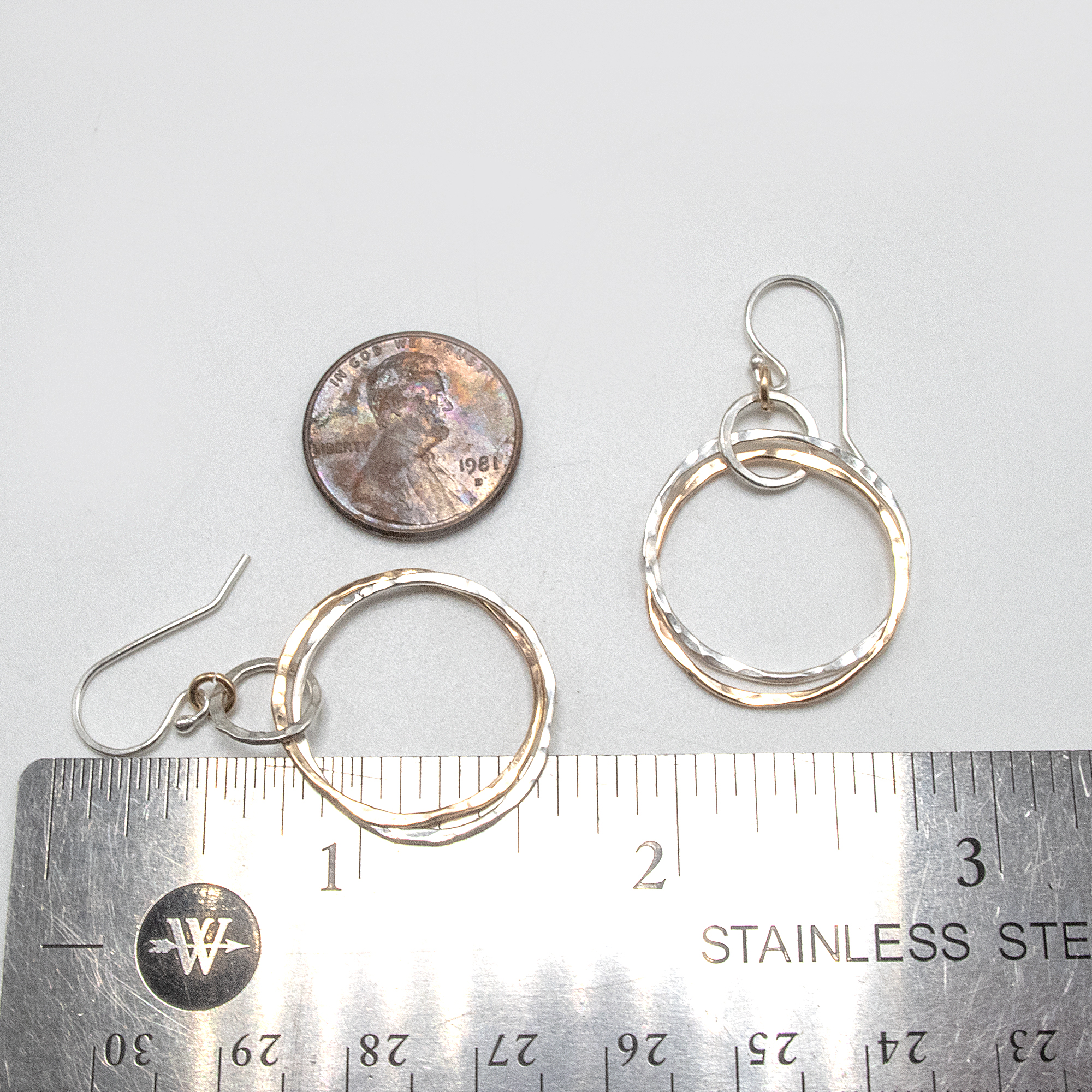 Double Hoop Earrings, Mixed Metal Earrings, Small Double Hoop Earrings, Silver Hammered Hoops, Double Hoop Gold Earring, Gift for Her