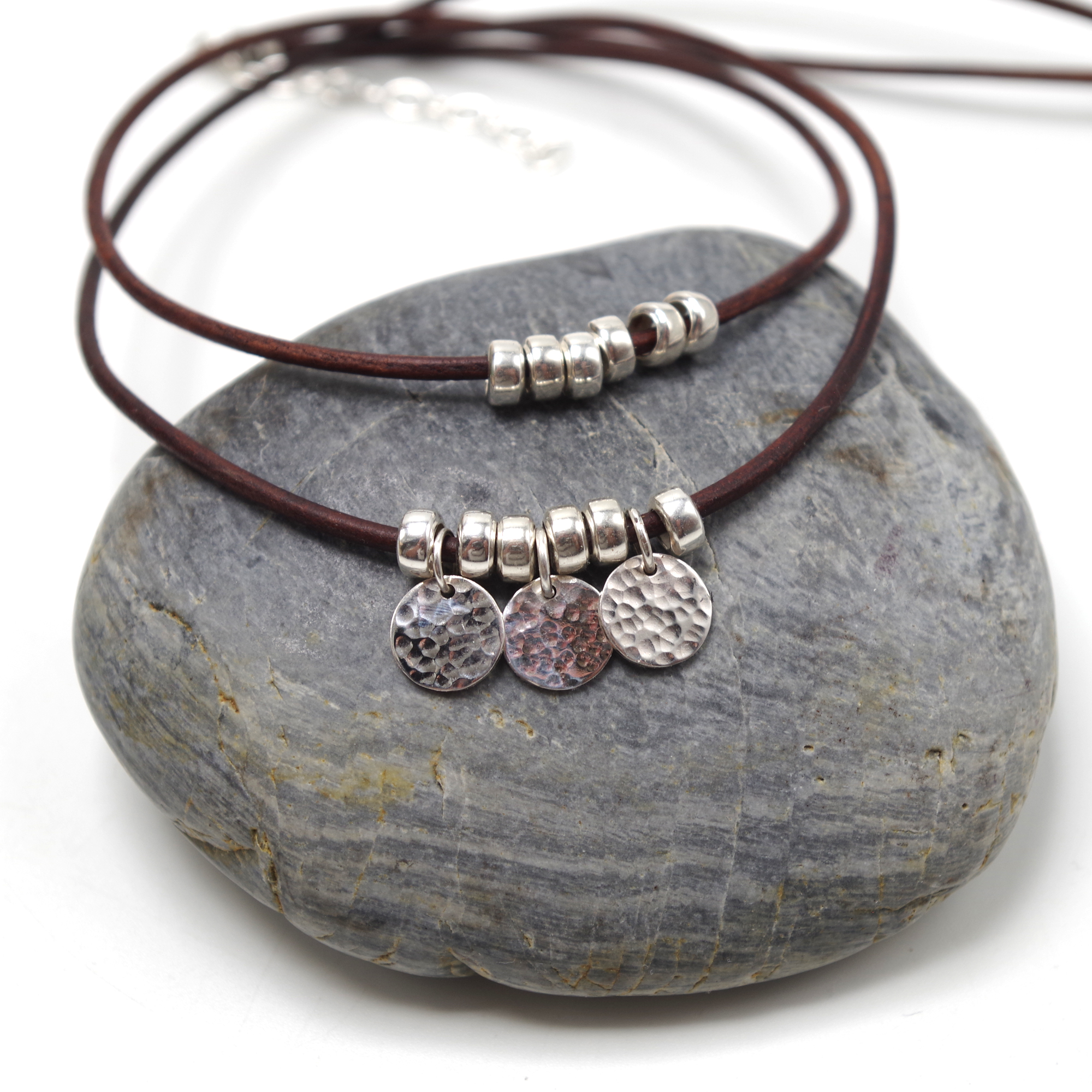 Sterling Silver Disc Necklace, Silver Disc Necklace, Leather Choker, Boho Leather Multistrand Necklace, Adjustable Leather Necklace