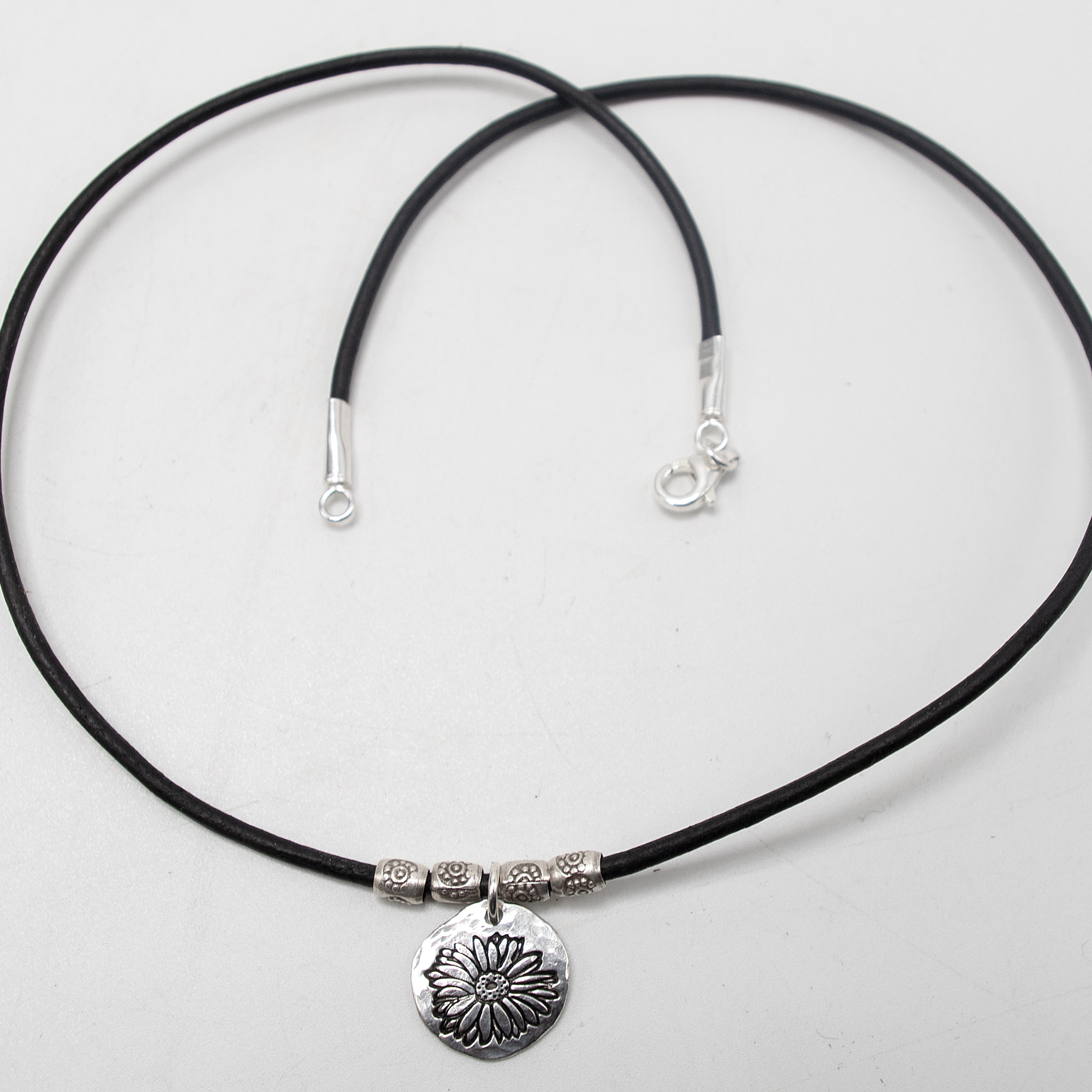 Boho Leather Necklace, Leather Choker, Gerber Daisy Necklace Sterling Silver, Silver Charm Necklace, echinacea necklace, Vegan Cord Necklace - Image 2