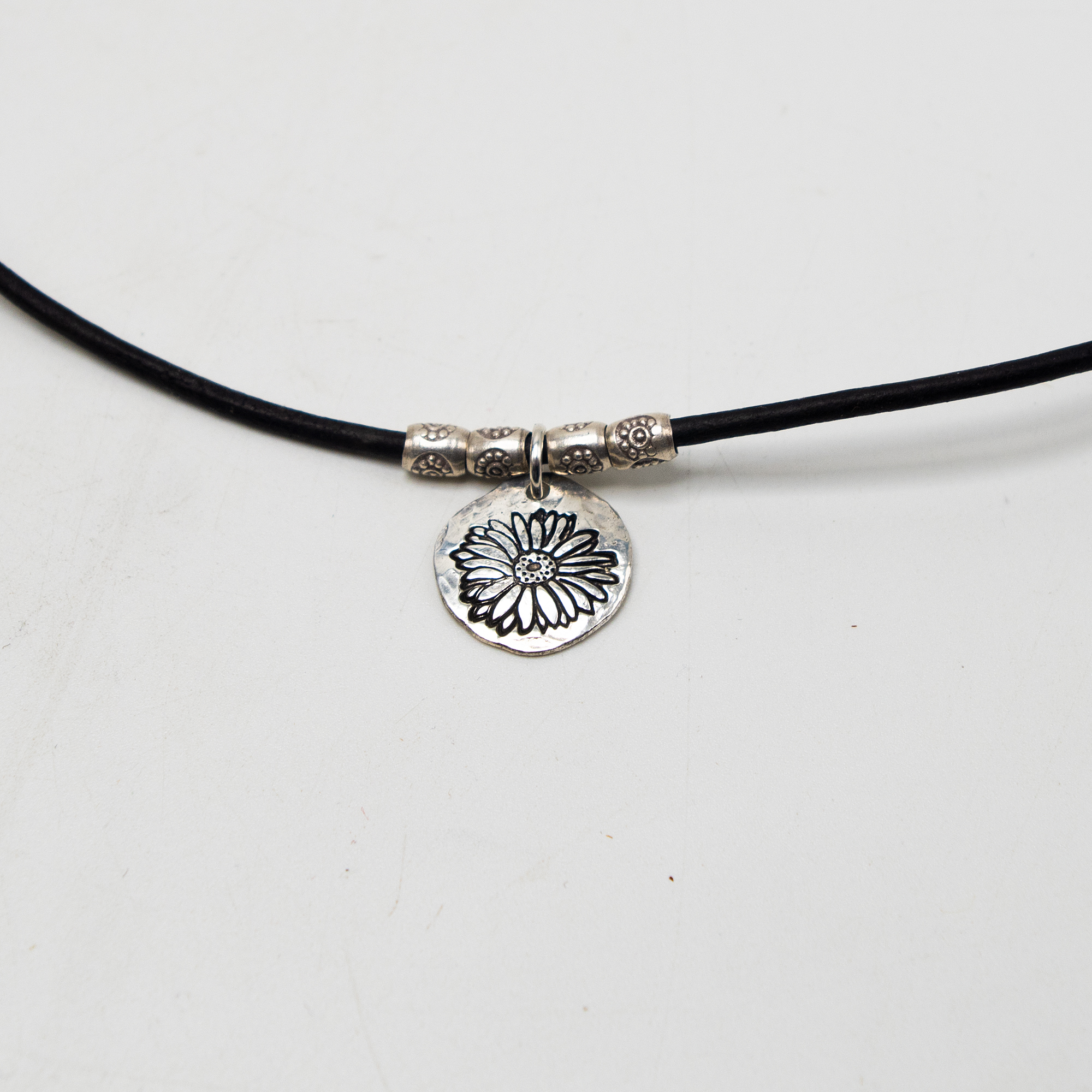 Boho Leather Necklace, Leather Choker, Gerber Daisy Necklace Sterling Silver, Silver Charm Necklace, echinacea necklace, Vegan Cord Necklace