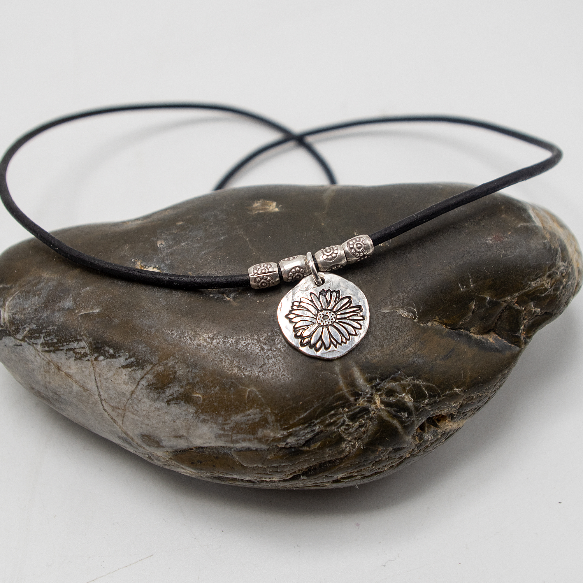 Boho Leather Necklace, Leather Choker, Gerber Daisy Necklace Sterling Silver, Silver Charm Necklace, echinacea necklace, Vegan Cord Necklace - Image 4
