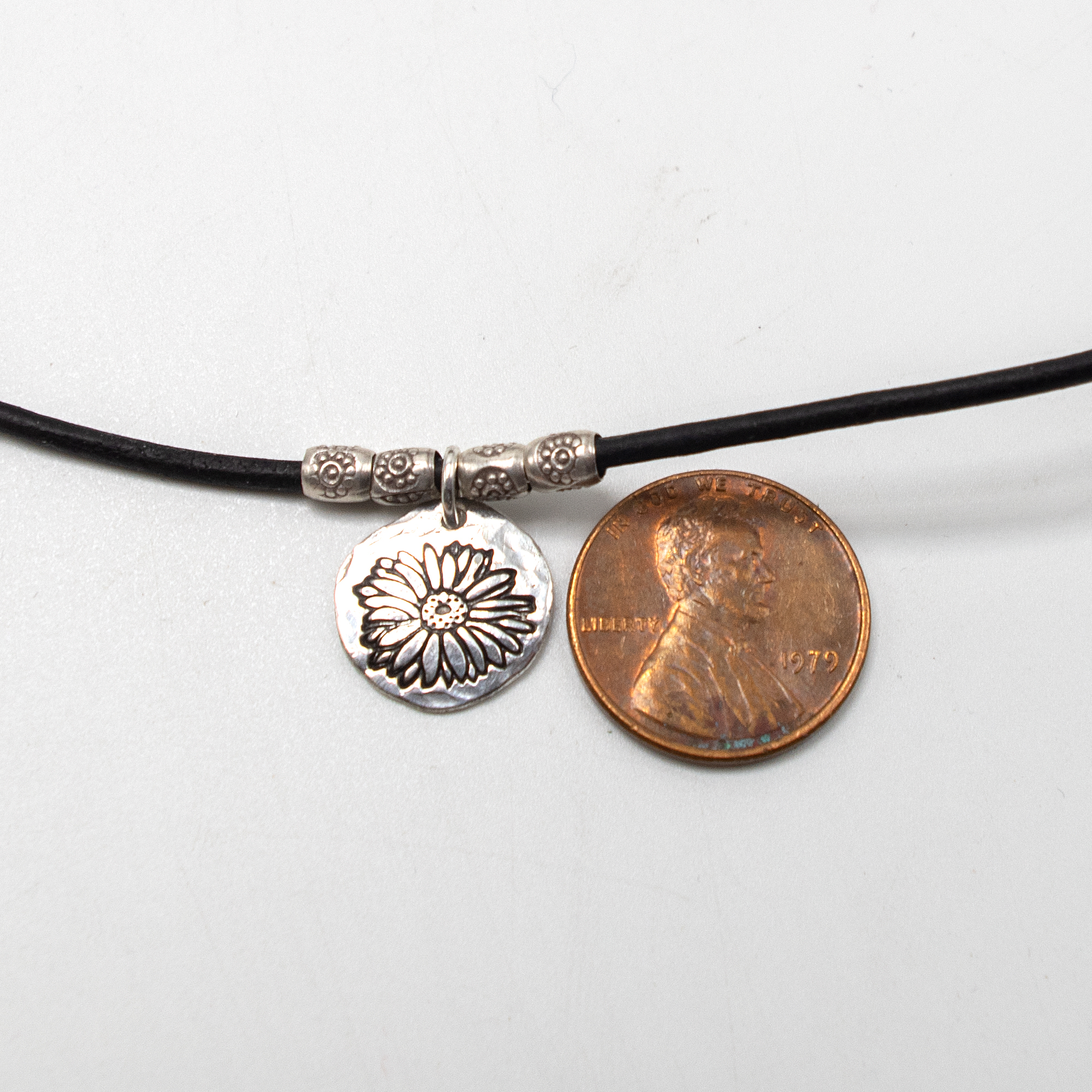 Boho Leather Necklace, Leather Choker, Gerber Daisy Necklace Sterling Silver, Silver Charm Necklace, echinacea necklace, Vegan Cord Necklace - Image 5