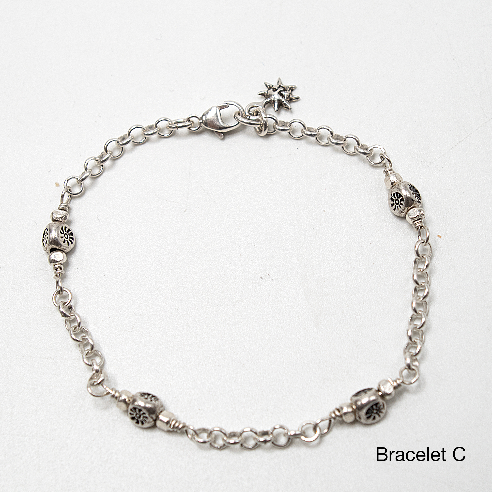 Sterling Silver Bracelet, Hill Tribe Silver, Tiny Bead Bracelet, Silver Bead Bracelet Set, Silver Leaf Bracelet, Dainty Silver Bracelets