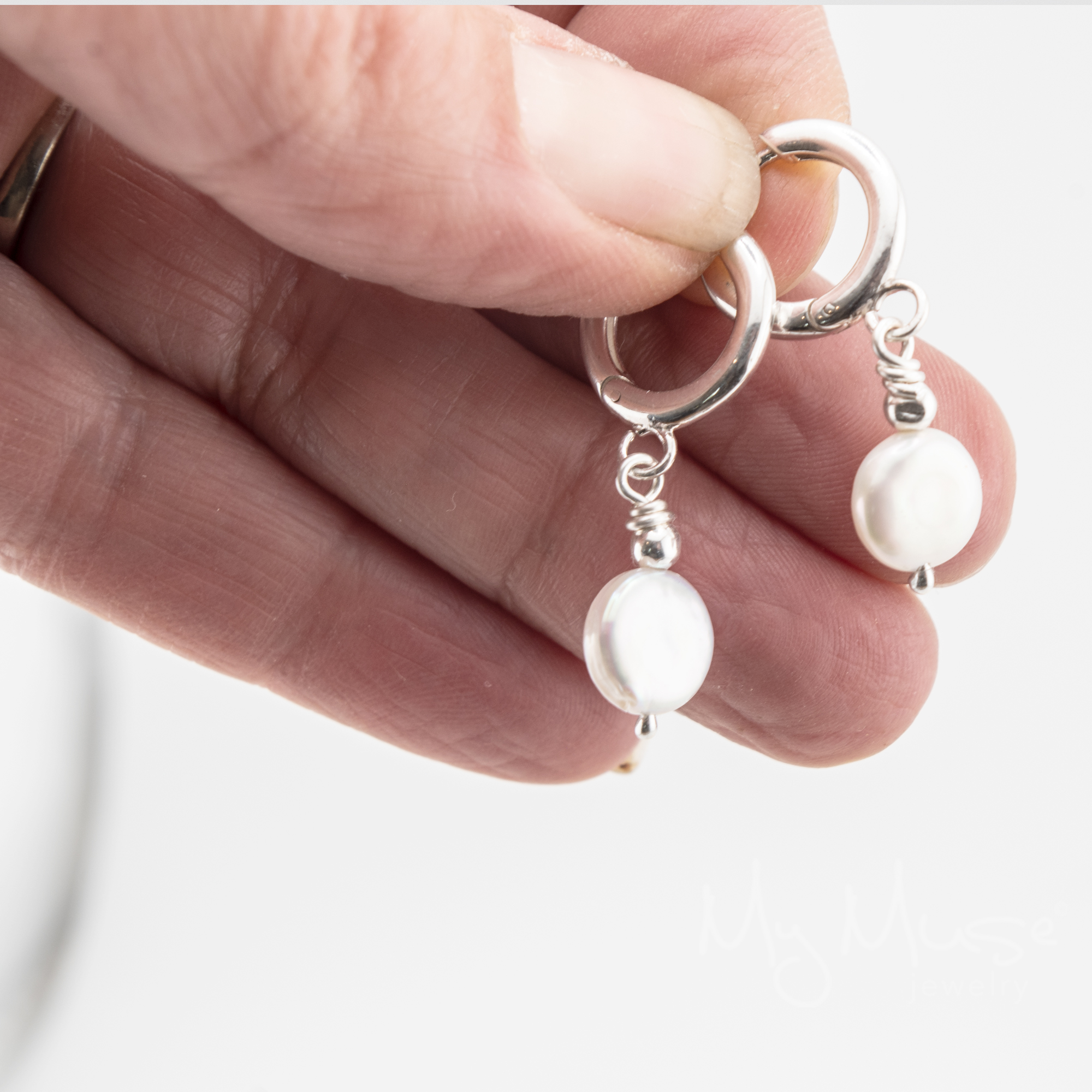 Elegant Sterling Silver Huggie Hoops with Dangling Coin Pearls - Image 2