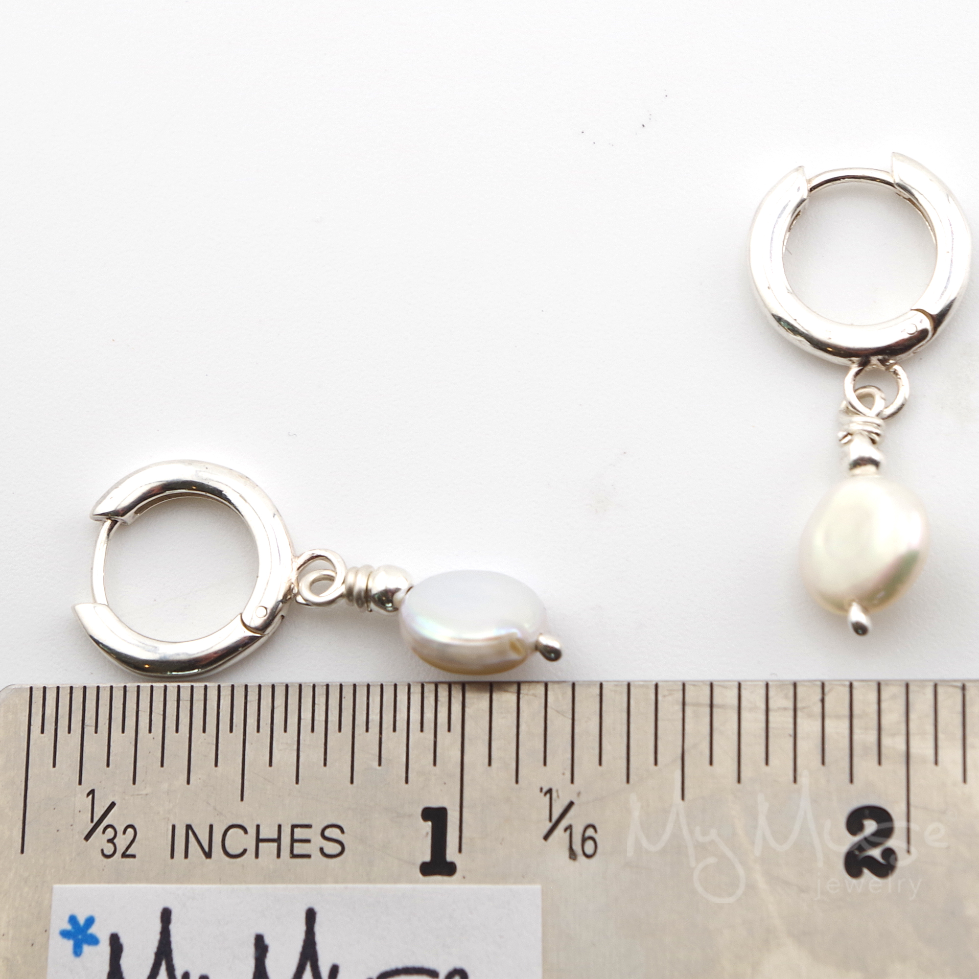 Elegant Sterling Silver Huggie Hoops with Dangling Coin Pearls - Image 3
